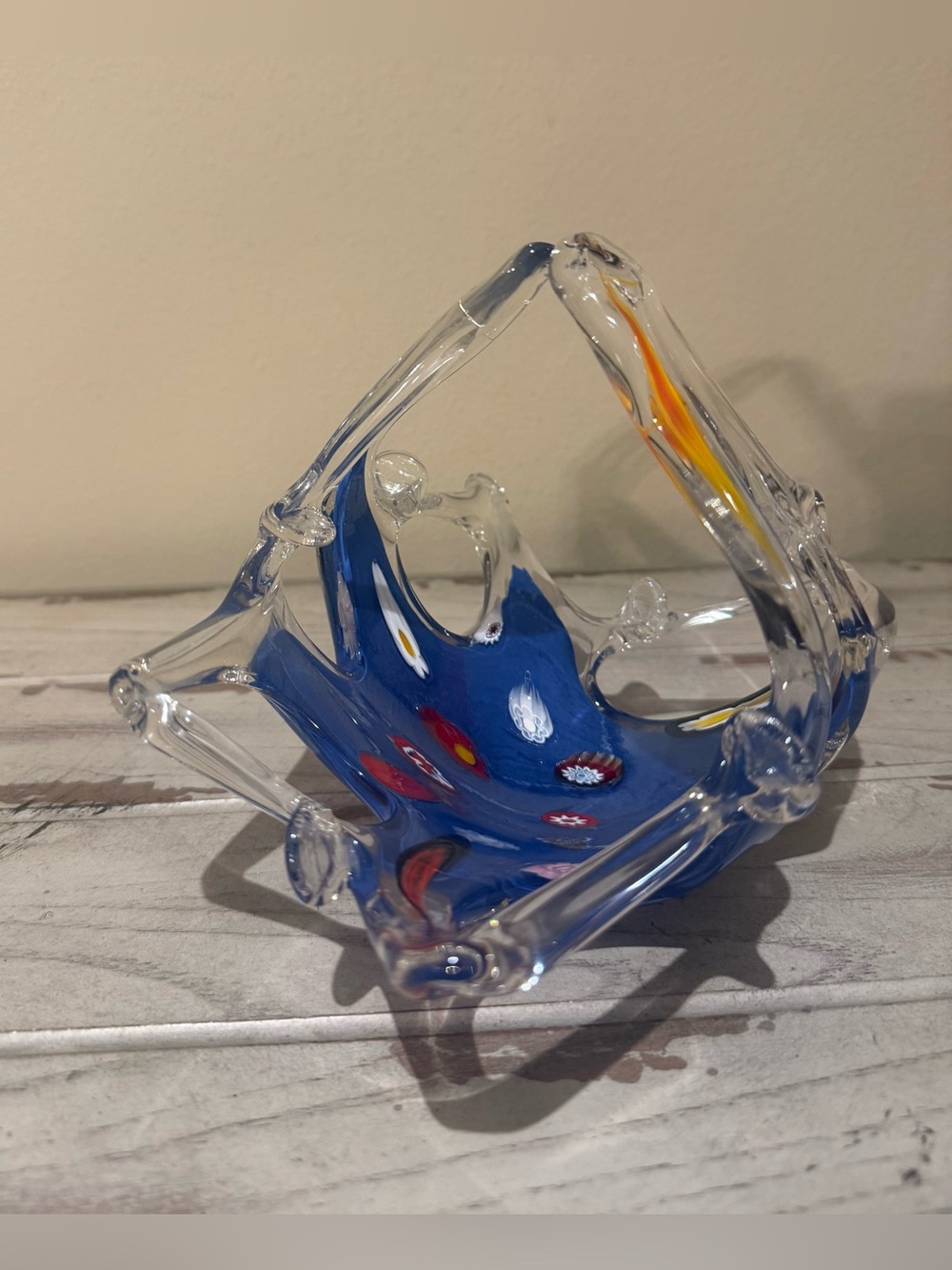 Vtg Murano Italy Art Glass Basket - Cobalt Blue Millefiori Pulled Splatter Bowl
